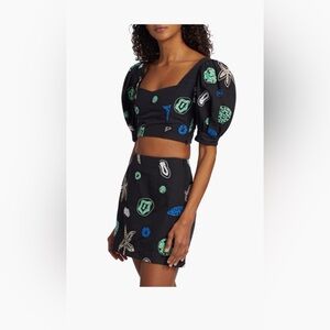 RHODE set Embroidered Puff-Sleeve Crop Top & skirt (selling together )